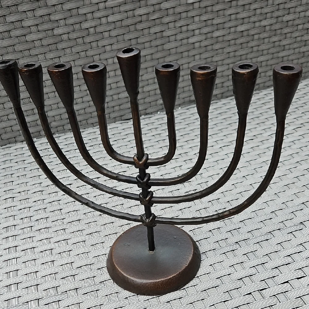 Vintage Crate&Barrel Hanukkah Jewish Menorah Antique Bronze Wrought Iron Holder